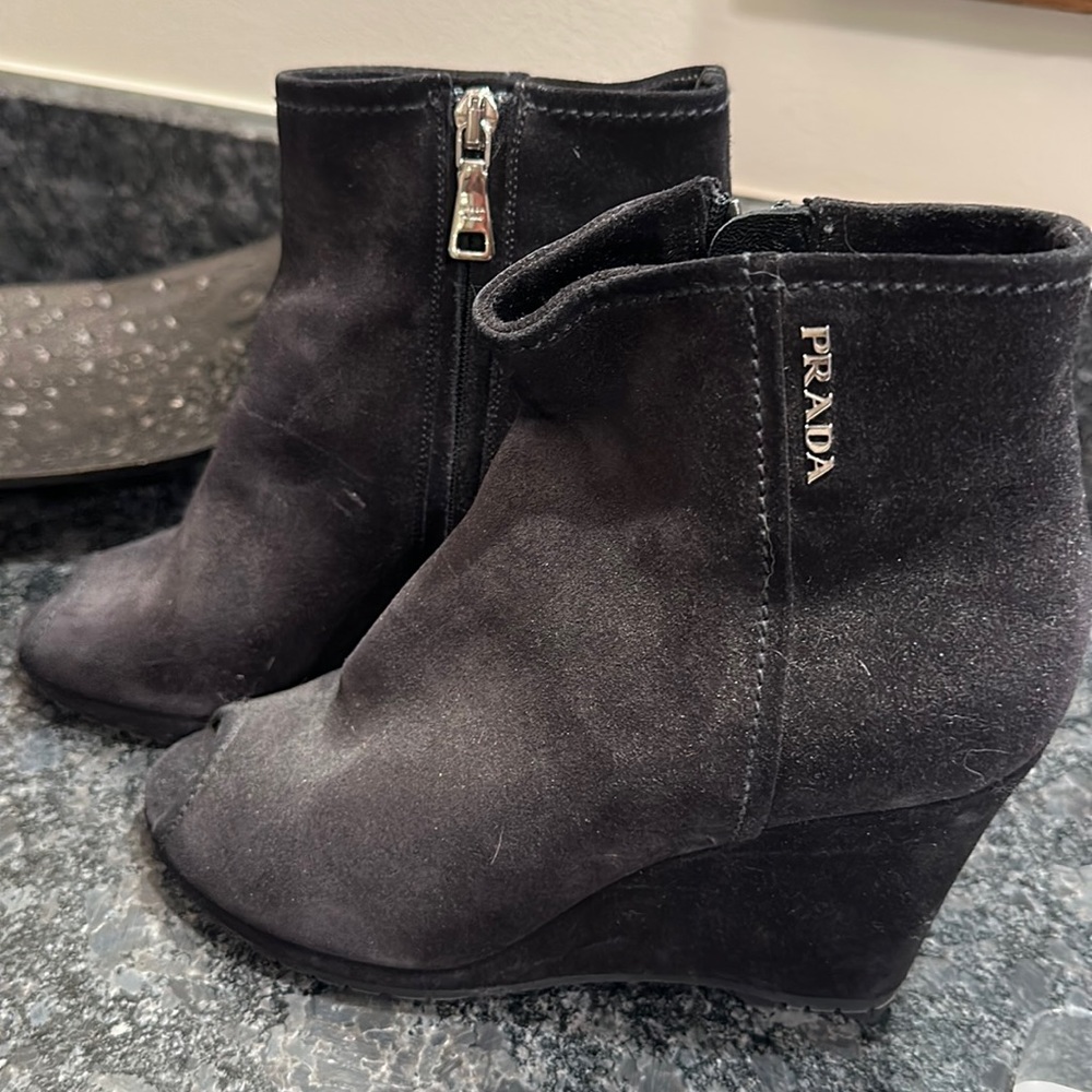 Prada Size 37 1/2 Black Peep Toe wedges